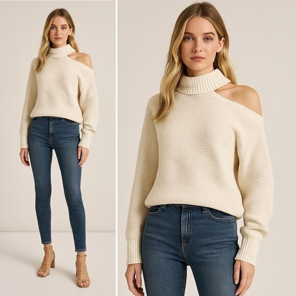 MISA Los Angeles Cream Cutout Shoulder Knit Turtleneck Sweater Size Small NWT - Picture 1 of 8